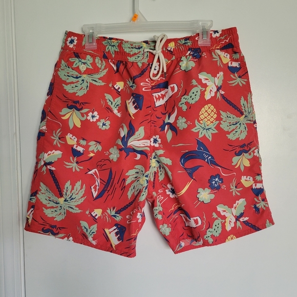 Polo Ralph Lauren Swim Trunks Mens L Pink Netted Hawaiian Sail Boat Palm Tree - Picture 1 of 7